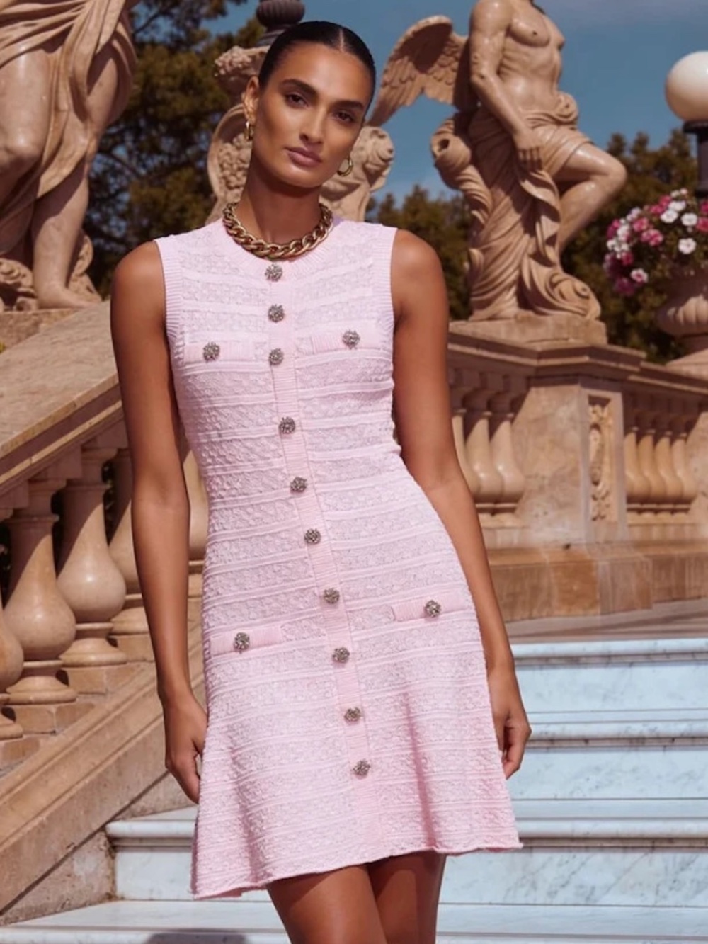 Blush Pink Knit Crystal Button Flare Mini Dress